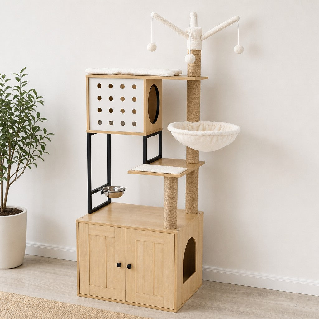 Cat tree with litter box enclosure in Natural Wood