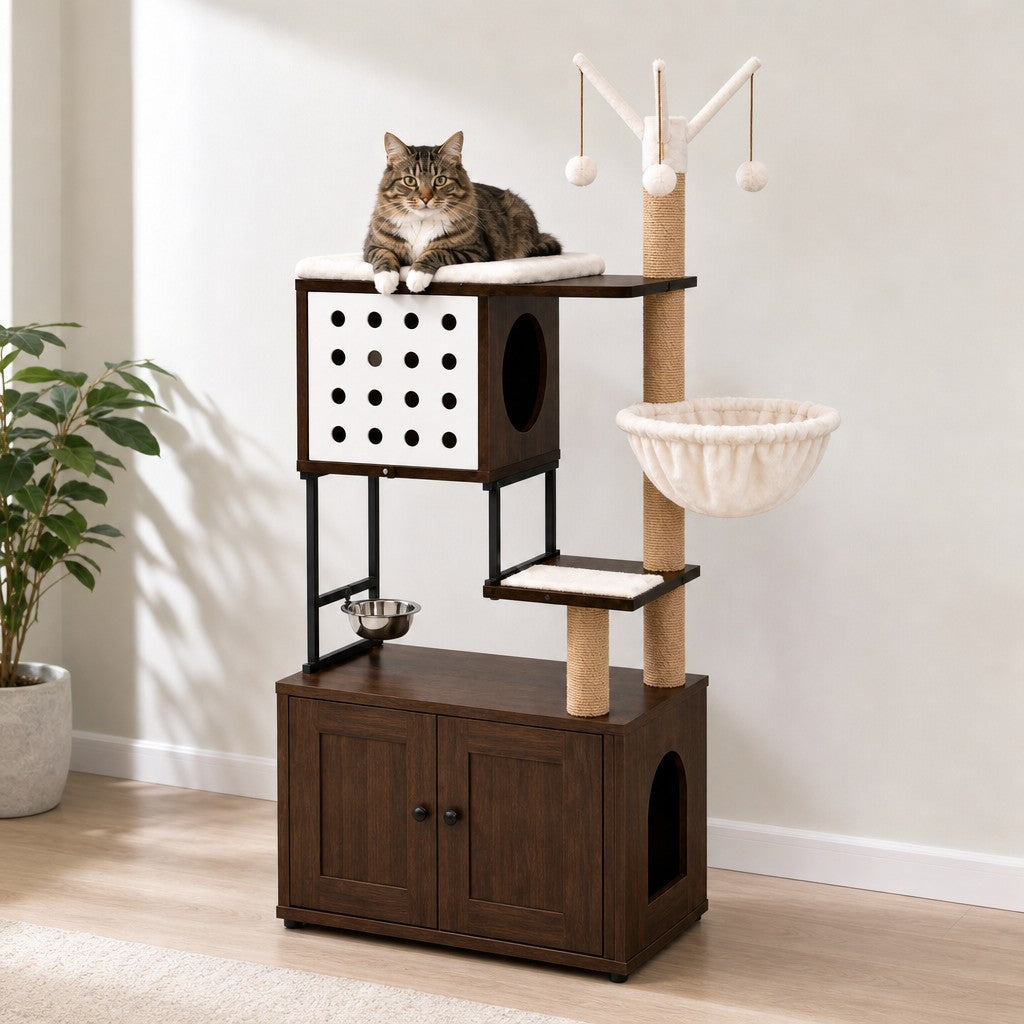 Cat tree with litter box enclosure in Brown