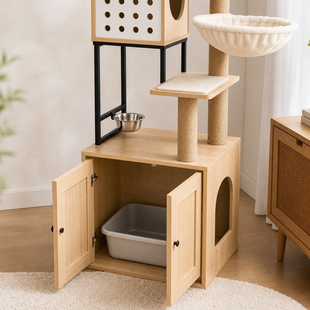 Litter box cabinet of the cat tree with doors open