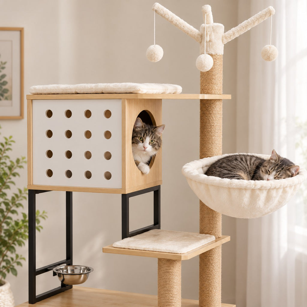 Cat looking out of the cube condo next to the bowl hammock