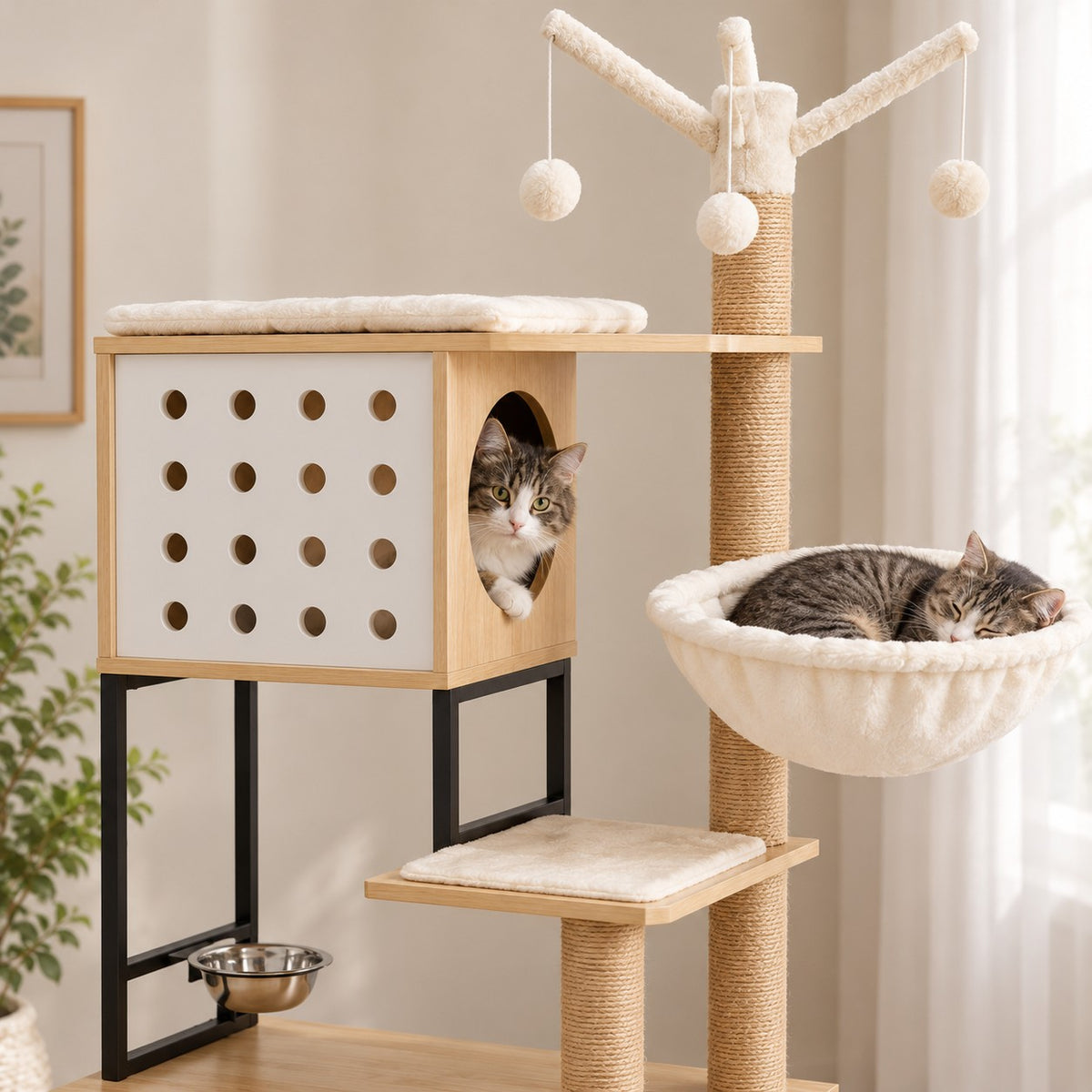 Cat looking out of the cube condo next to the bowl hammock