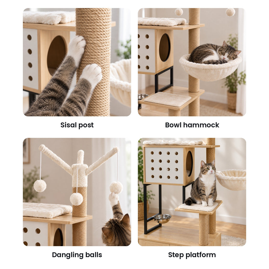 Cat tree with litter box enclosure details: sisal post, bowl hammock, dangling balls, step platform