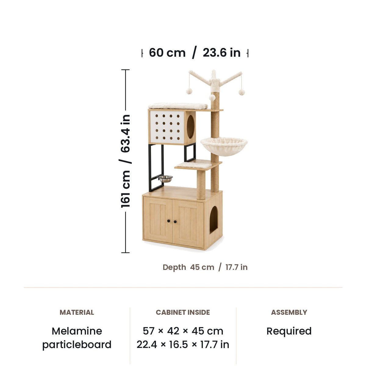 Cat tree with litter box enclosure dimensions: 60 x 45 x 161 cm (23.6 x 17.7 x 63.4 in)