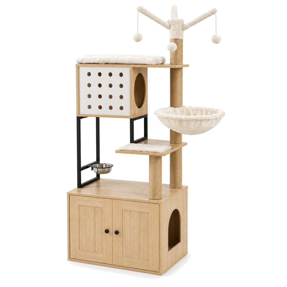 Natural wood cat tree with litter box enclosure on a white background