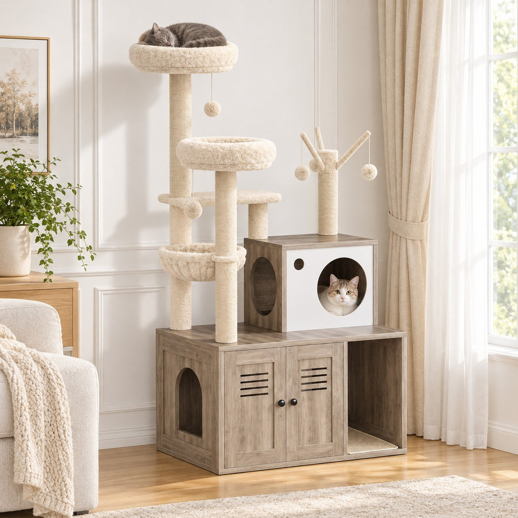 Cat asleep in the top perch of a cat tree with litter box enclosure, a second cat in the condo
