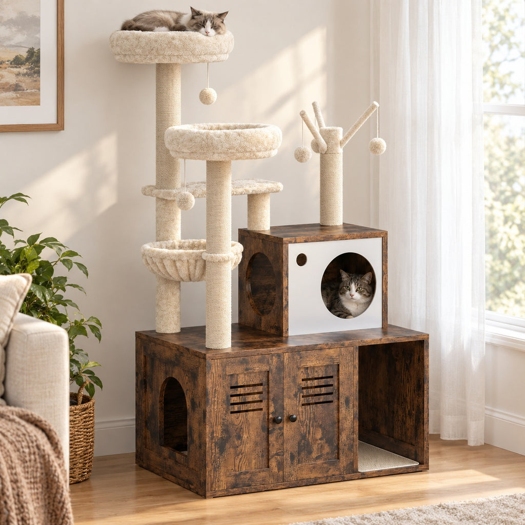 Cat tree with litter box enclosure cabinet in Retro Brown