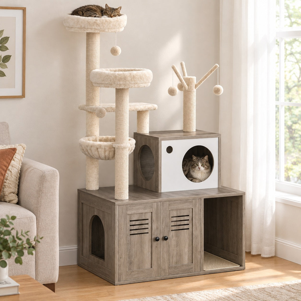 Cat tree with litter box enclosure cabinet in Smoke Gray