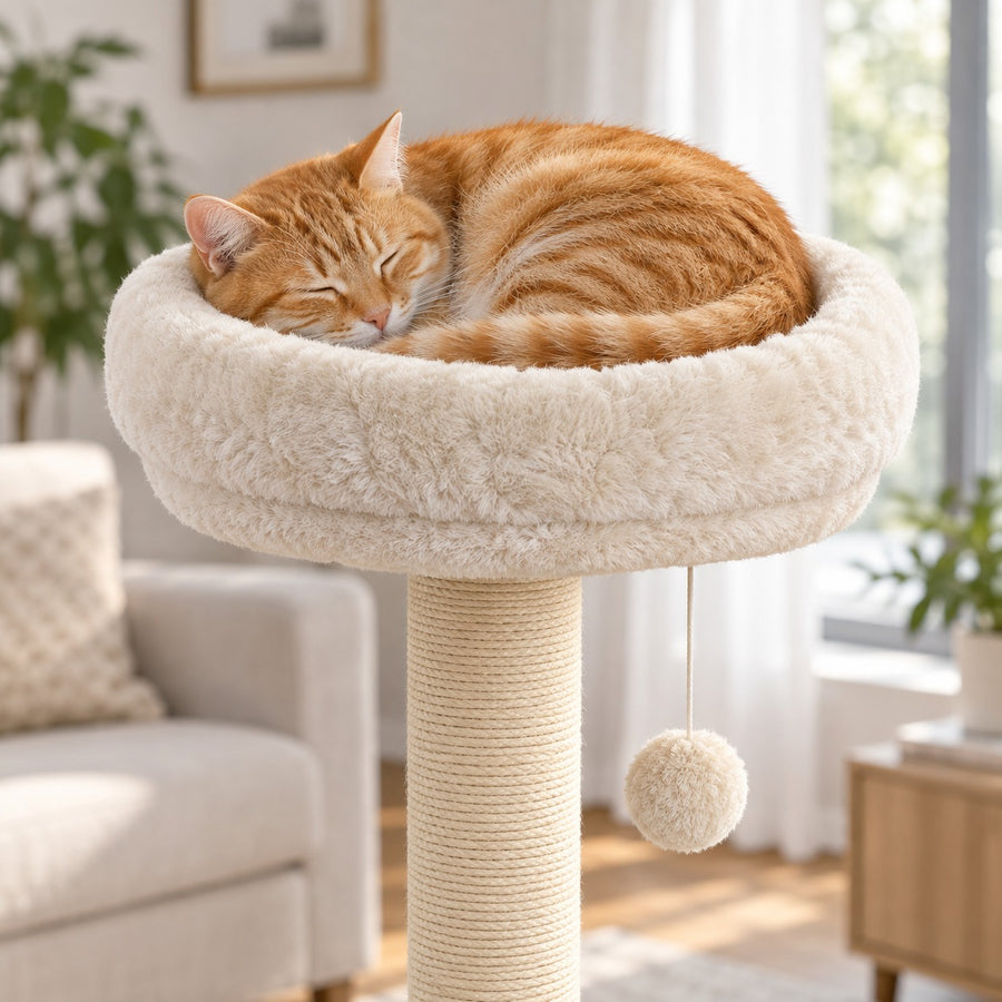 Cat curled up in the round plush bowl perch at the top