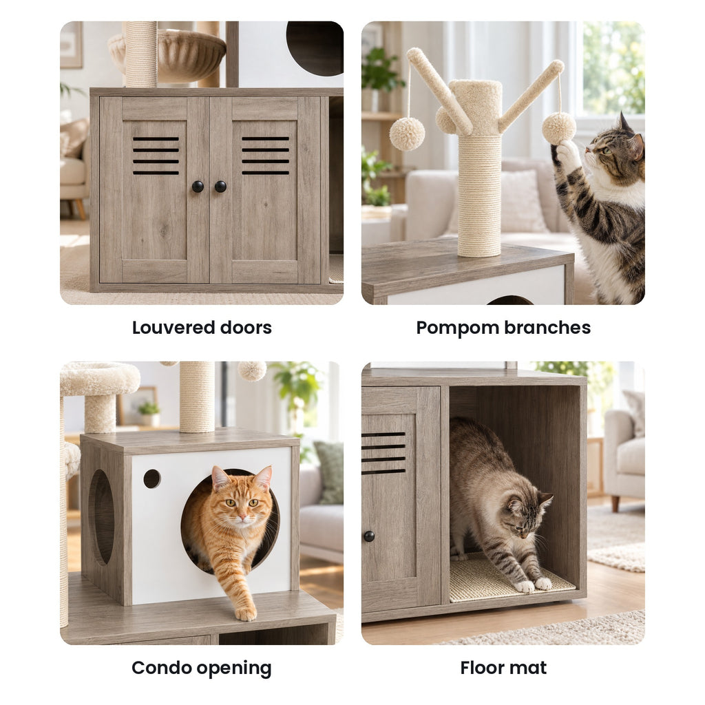 Litter cabinet cat tree details: louvered doors, branch post with pompoms, condo opening, floor mat