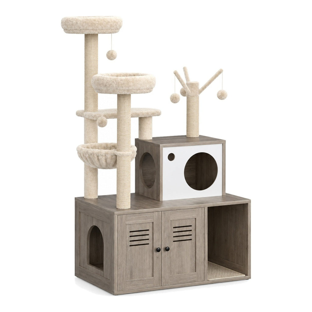 Smoke Gray cat tree with litter box enclosure on a white background