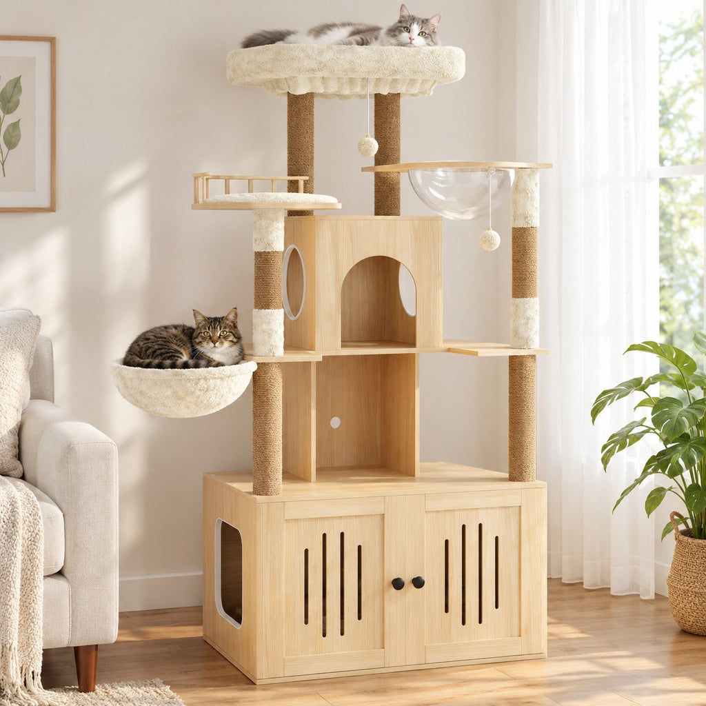 Cat lying on the plush top perch of a cat tree with litter box enclosure, a second cat in the round basket