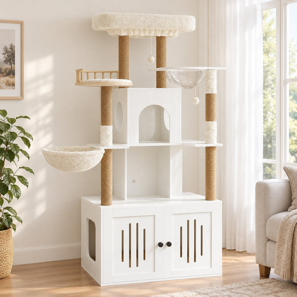 White cat tree with litter box enclosure in a living room