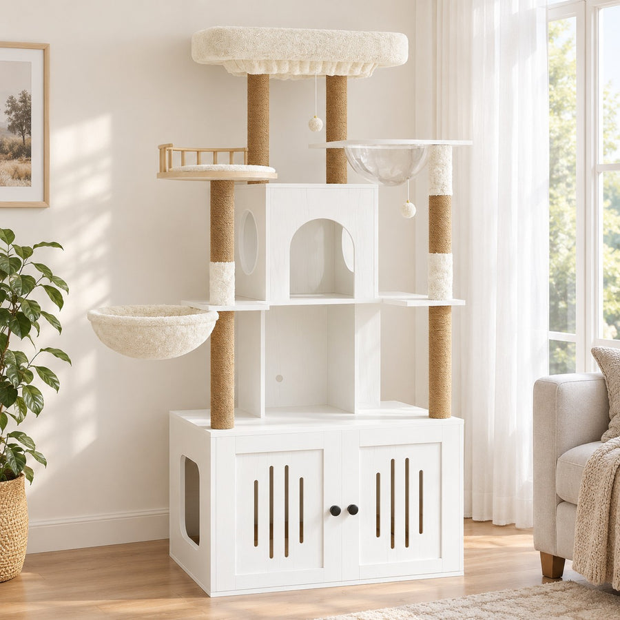 White cat tree with litter box enclosure in a living room