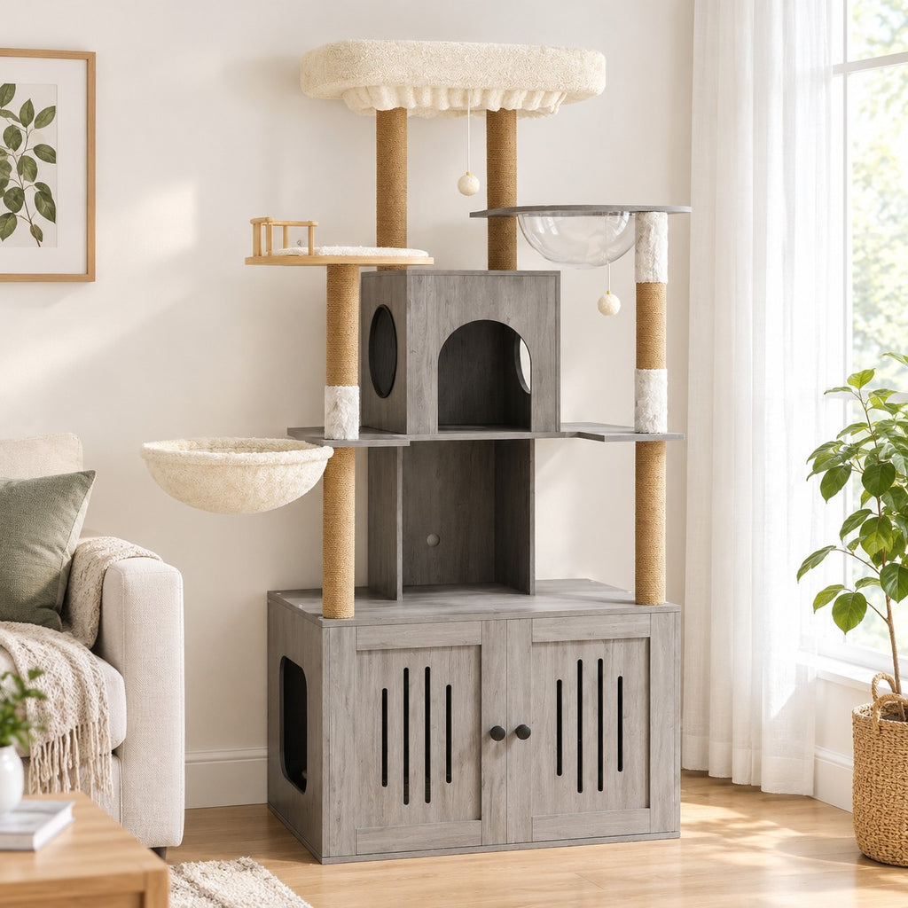 Grey cat tree with litter box enclosure in a living room