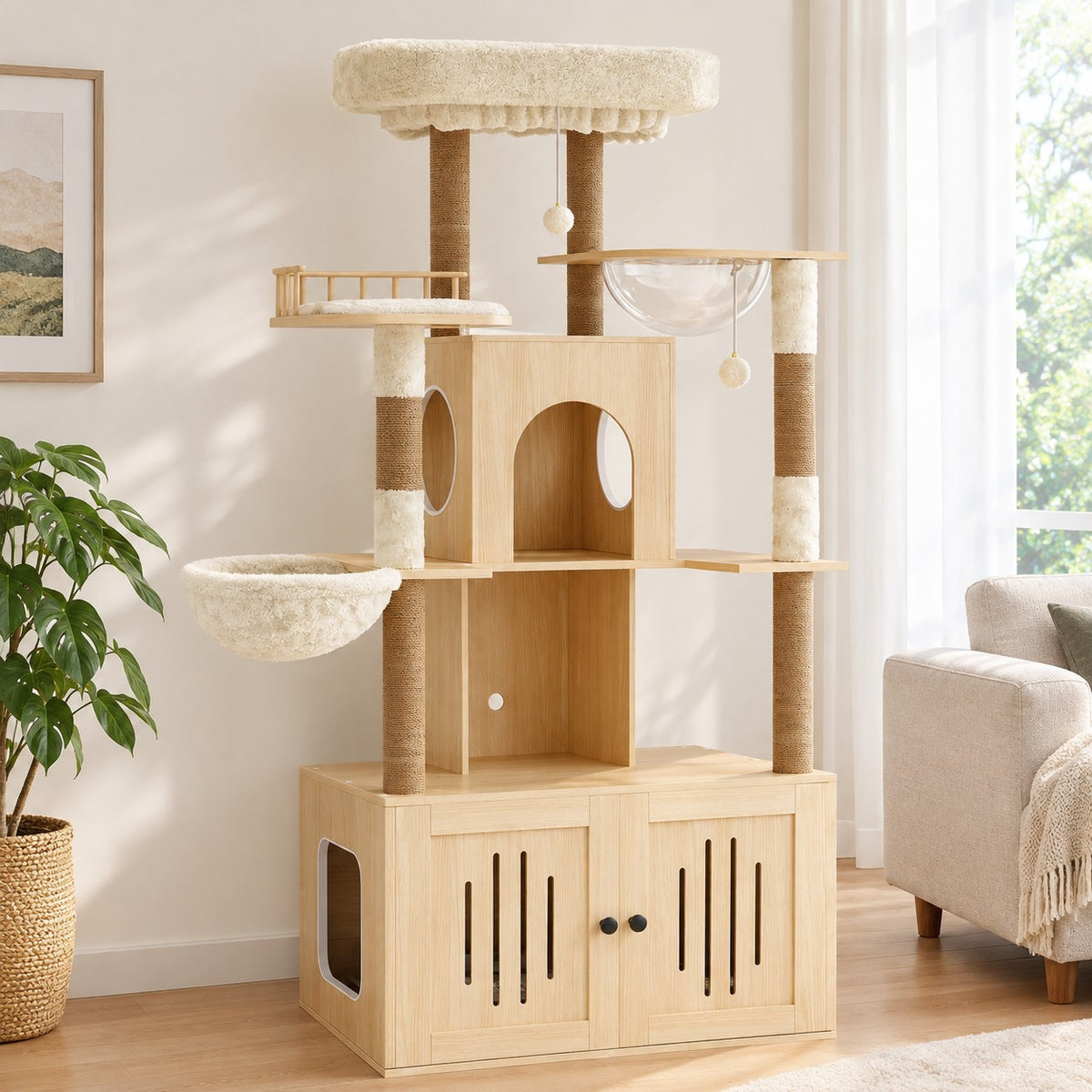 Wood cat tree with litter box enclosure in a living room