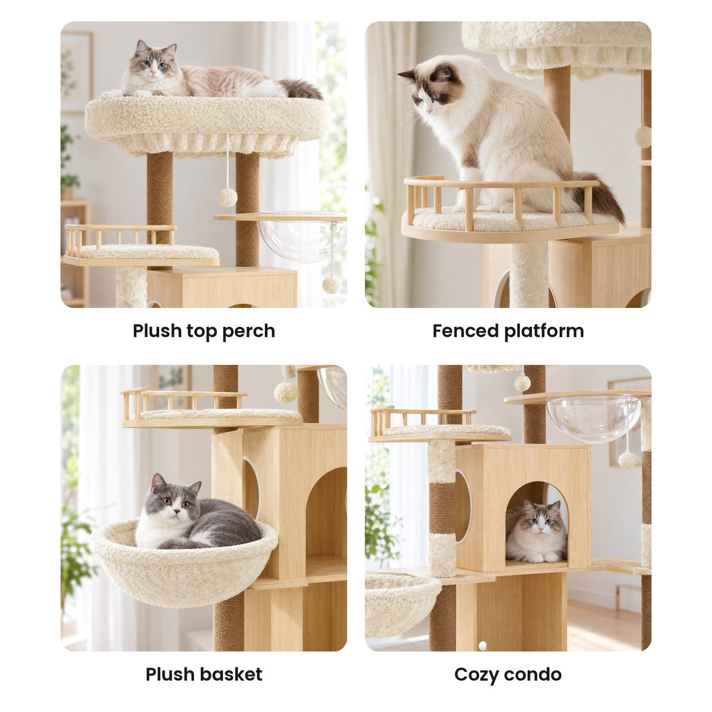 Cat tree details: plush top perch, fenced platform, round plush basket, condo