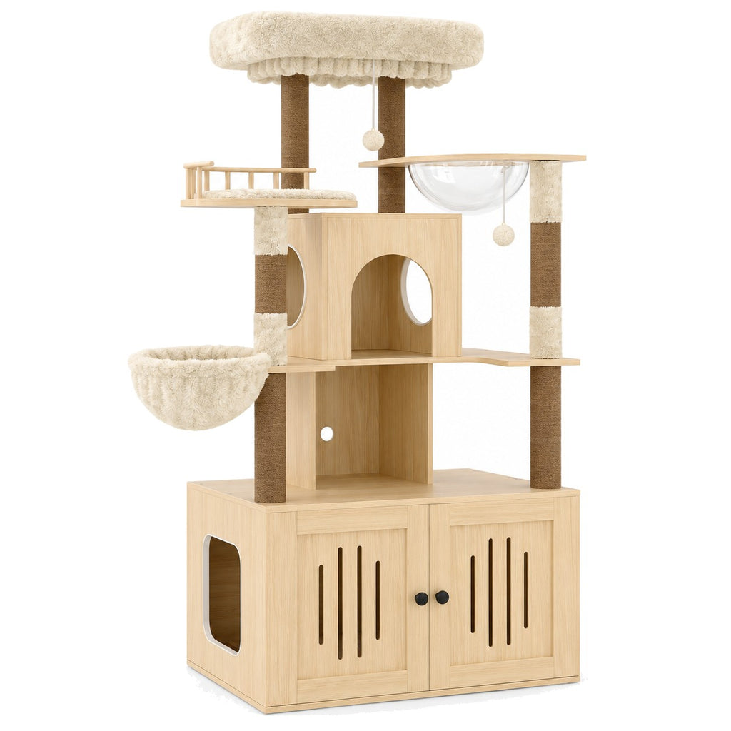 Wood cat tree with litter box enclosure on a white background