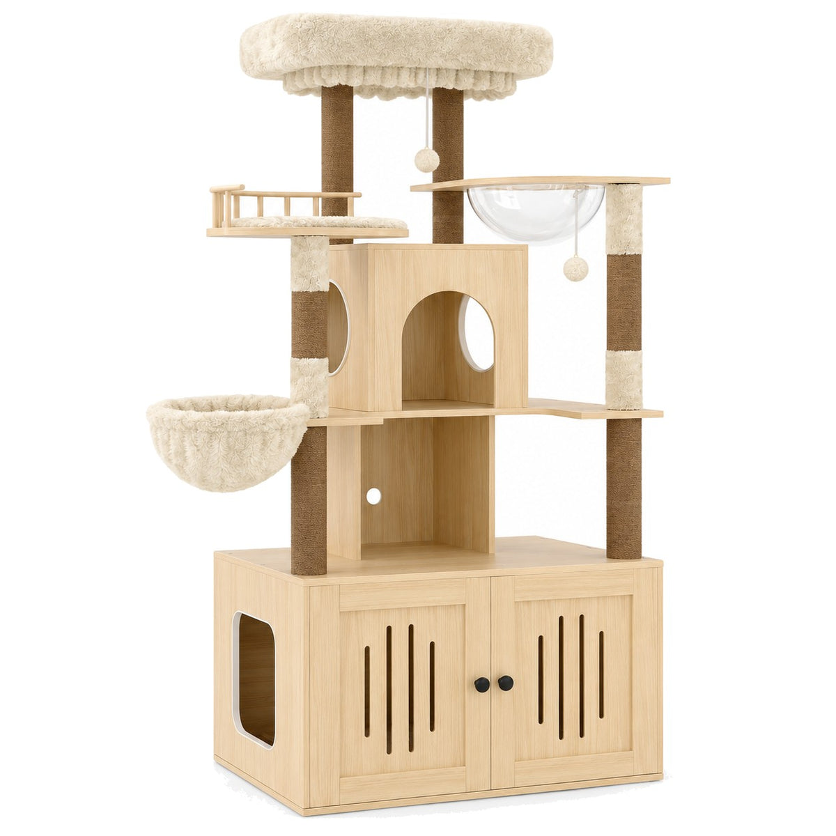 Wood cat tree with litter box enclosure on a white background