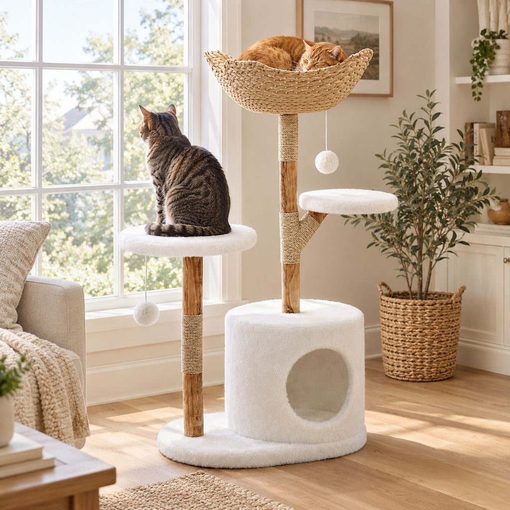 Cat asleep in the woven basket of a wood branch cat tree, a second cat on the round platform