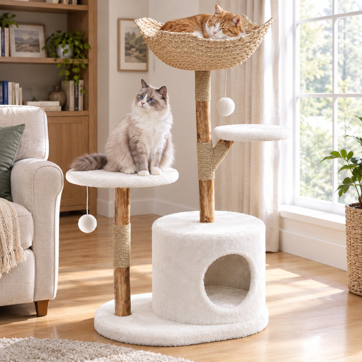 Wood branch cat tree with woven basket, drum condo and side branch platform