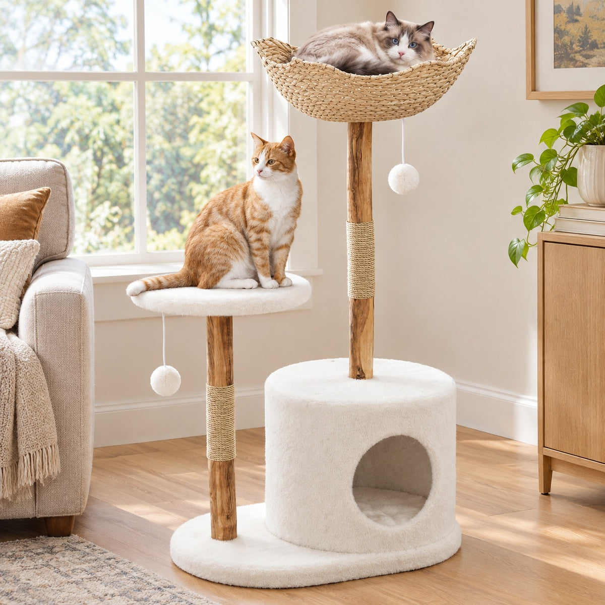 Wood branch cat tree with woven basket and drum condo, without side branch