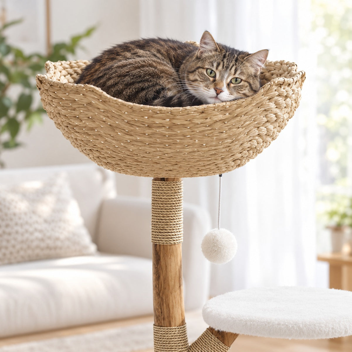 Cat curled up in the hand-woven rattan basket bed