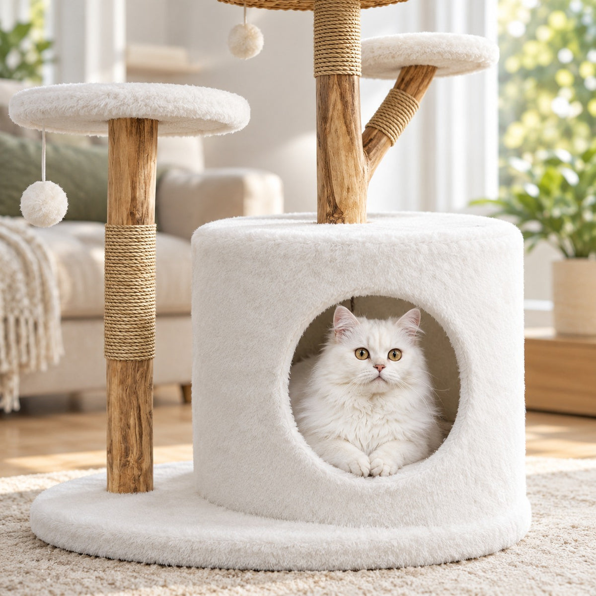 Cat looking out of the white plush drum condo
