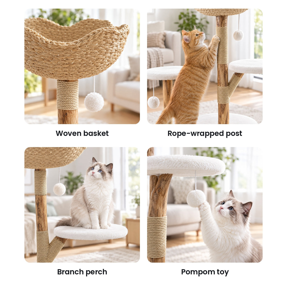 Wood branch cat tree details: basket weave, rope-wrapped post, branch platform, pompom toy