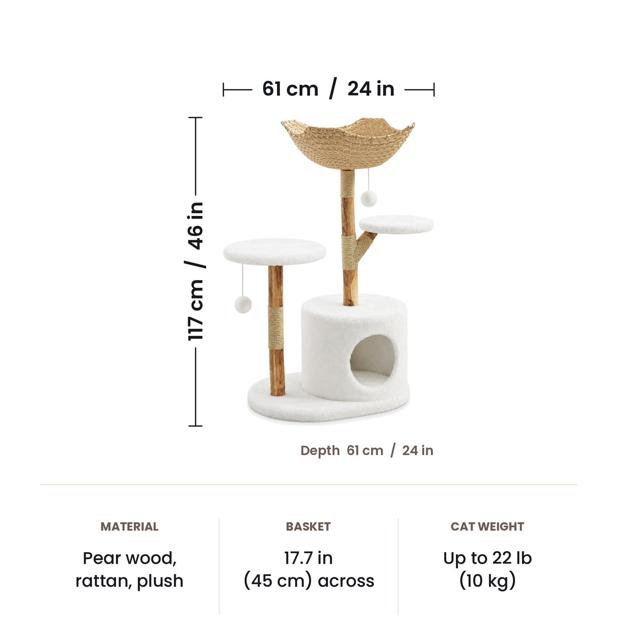 Wood branch cat tree dimensions: 61 x 61 x 117 cm (24 x 24 x 46 in)