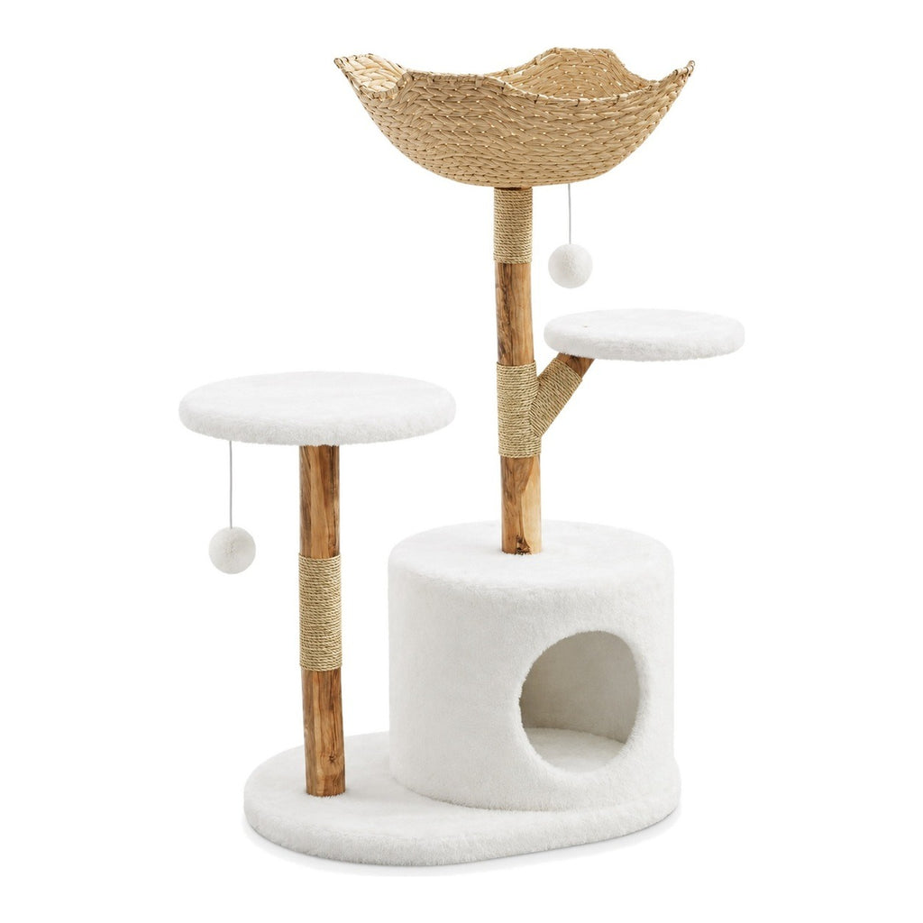 Wood branch cat tree with woven basket on a white background