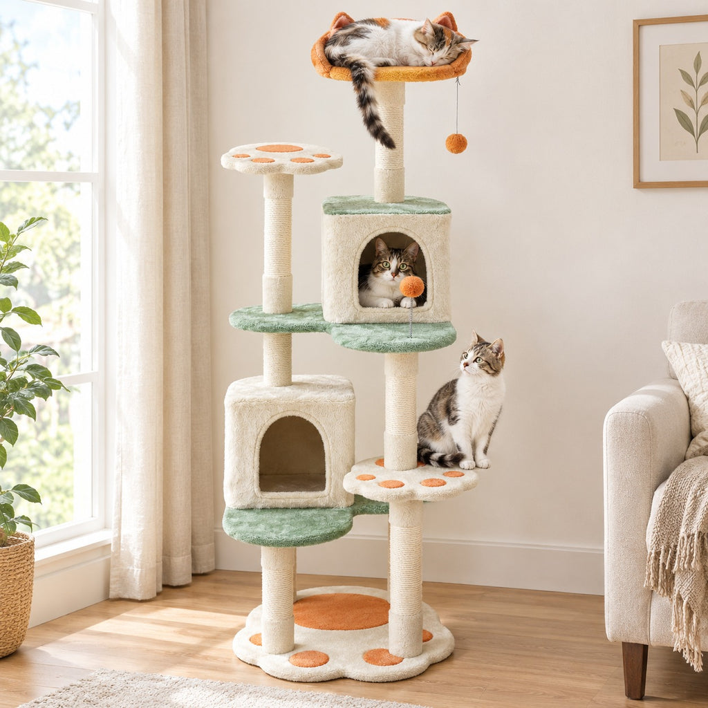 58 in cat tree with paw-shaped platforms and two condos in beige, green and orange