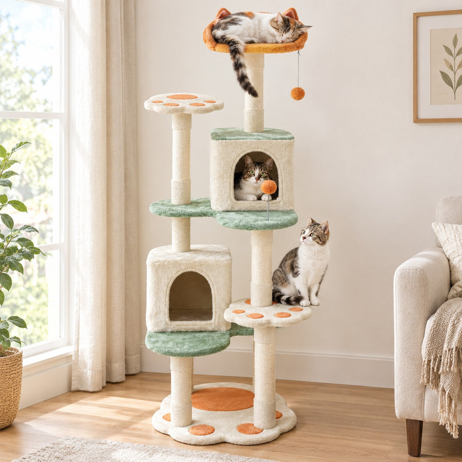 58 in cat tree with paw-shaped platforms and two condos in beige, green and orange