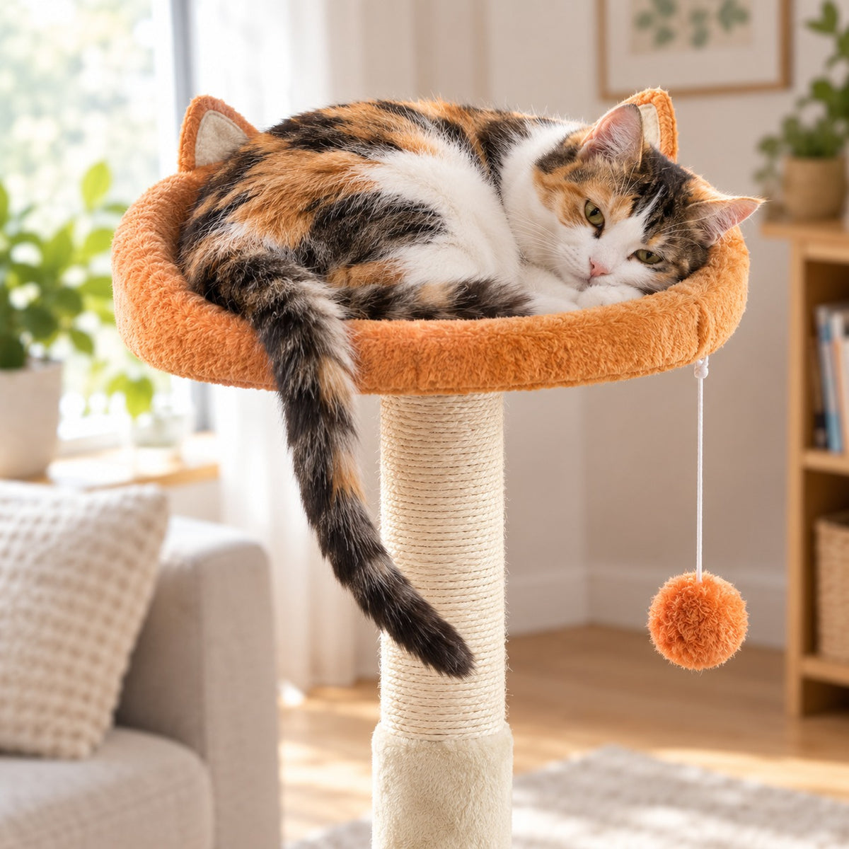 Cat curled up in the orange cat-ear top perch with dangling ball