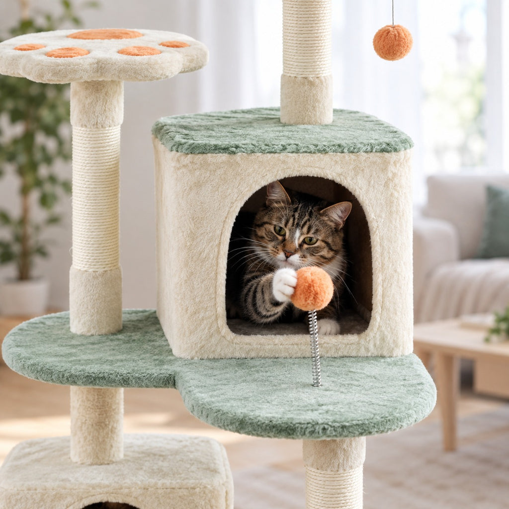 Cat batting the spring ball at the entrance of the upper condo