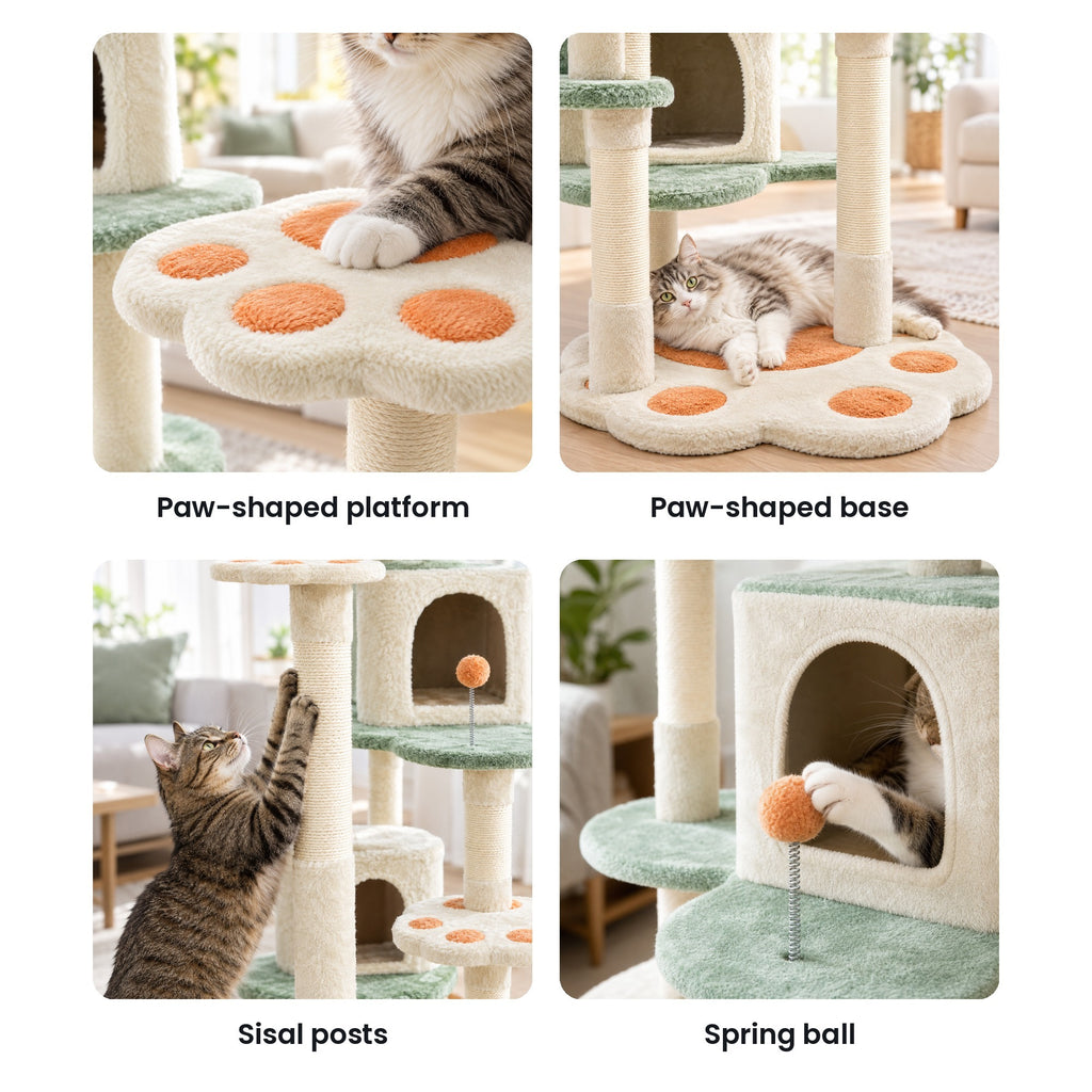 Paw cat tree details: paw-shaped platform, paw base, sisal post, spring ball
