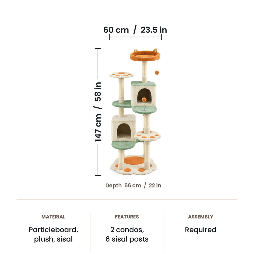 Paw cat tree dimensions: 60 x 56 x 147 cm (23.5 x 22 x 58 in)