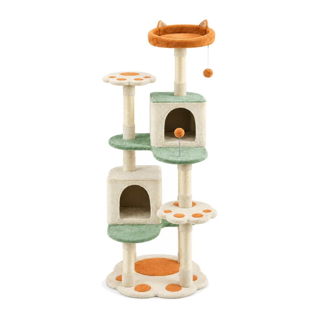 Cat tree with paw-shaped platforms and two condos on a white background