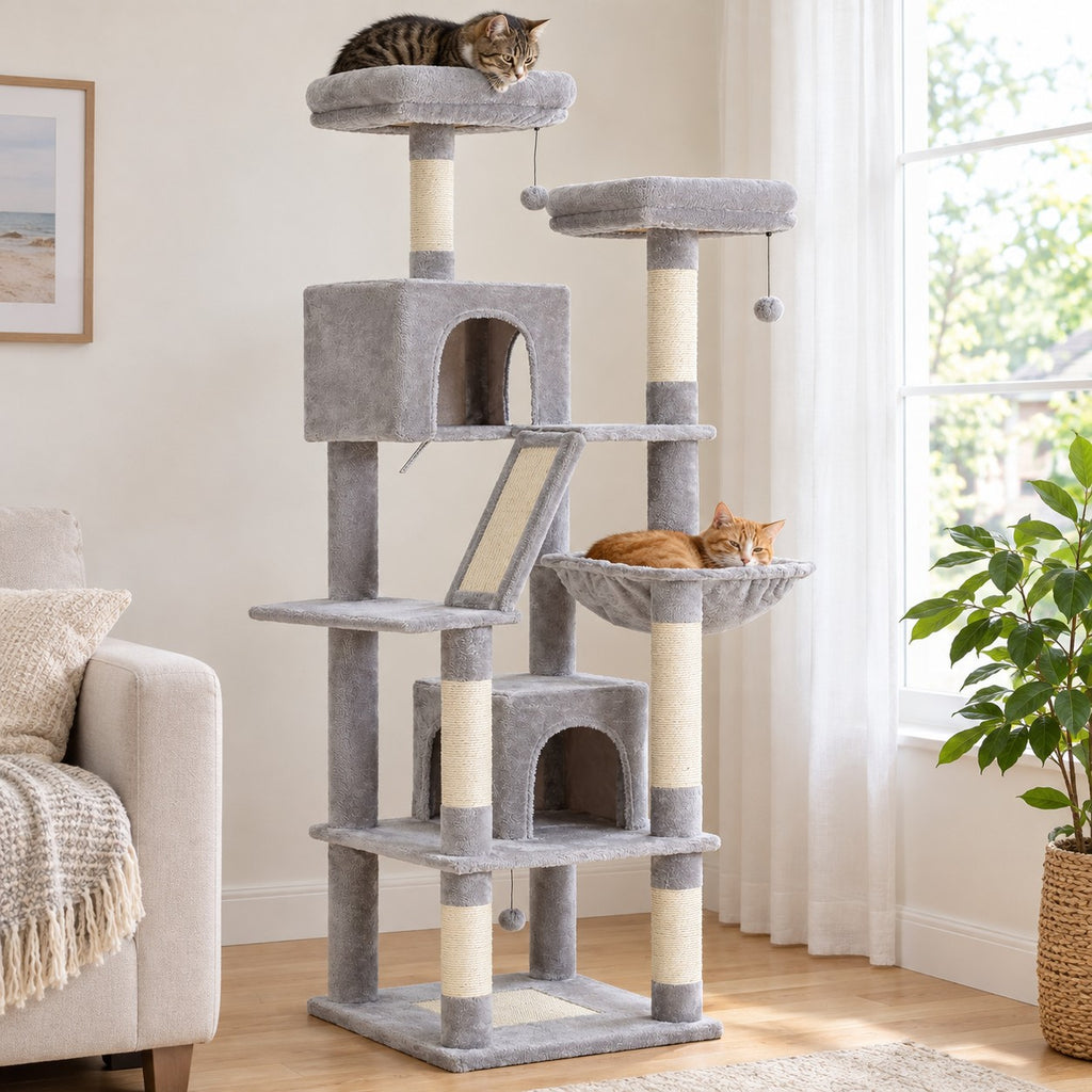 Cat lying on the top perch of a 71 in light grey cat tree, a second cat resting in the hammock