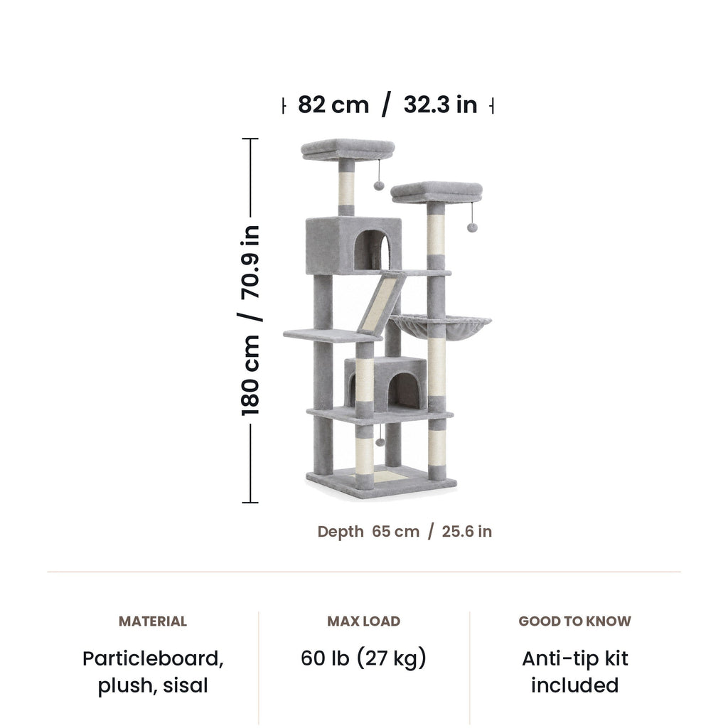 Cat tree dimensions: 180 cm (70.9 in) tall, footprint 82 x 65 cm (32.3 x 25.6 in)