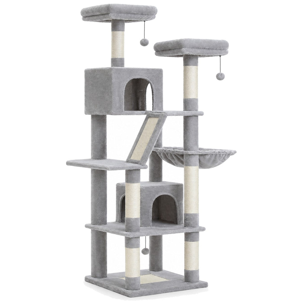 Light grey cat tree tower on a white background