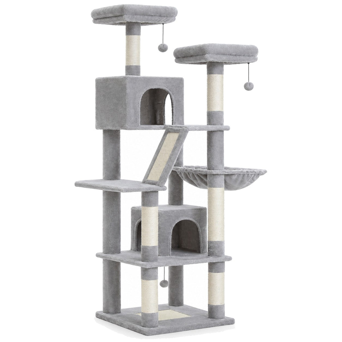 Light grey cat tree tower on a white background
