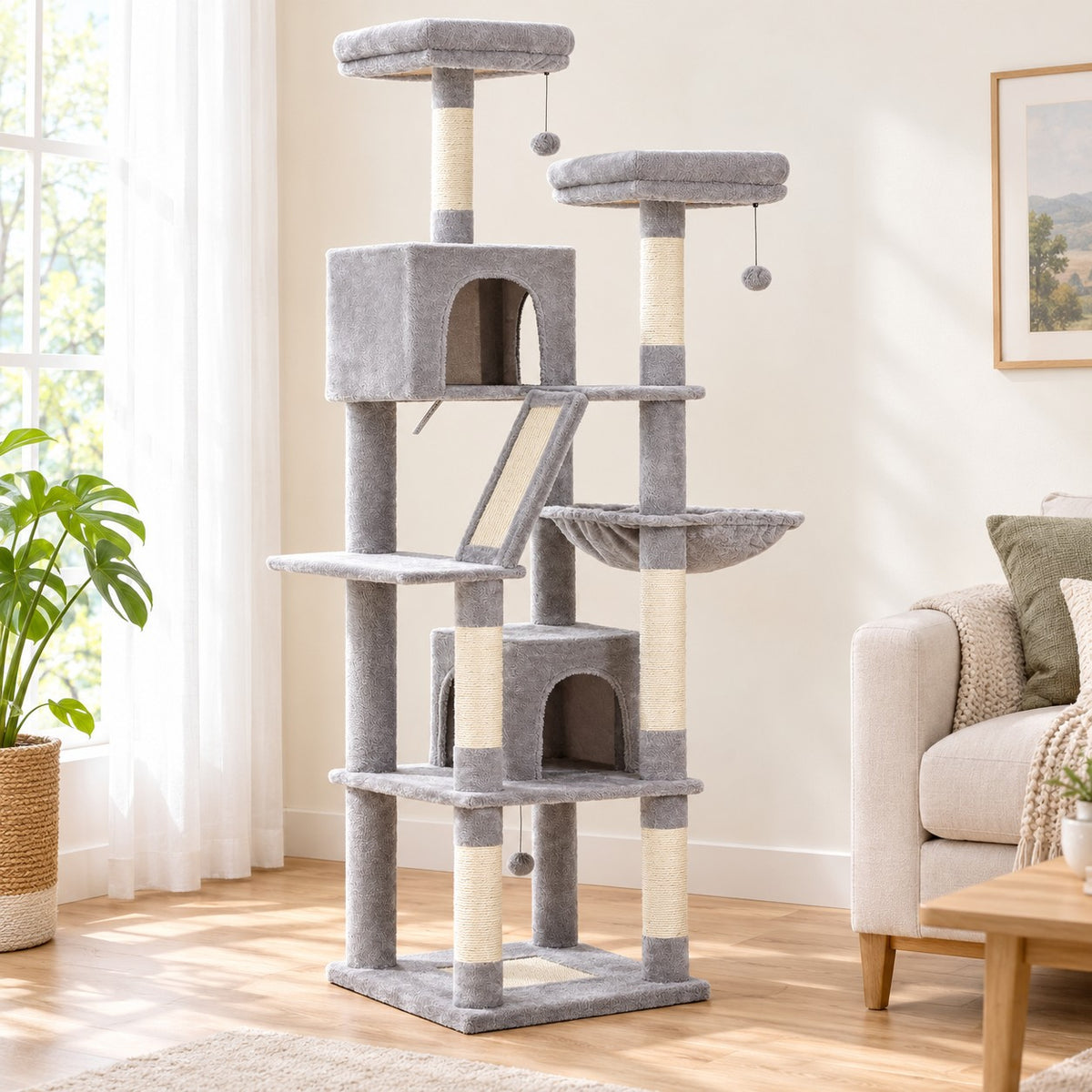 Light Grey cat tree tower with two condos, hammock and sisal ramp in a living room