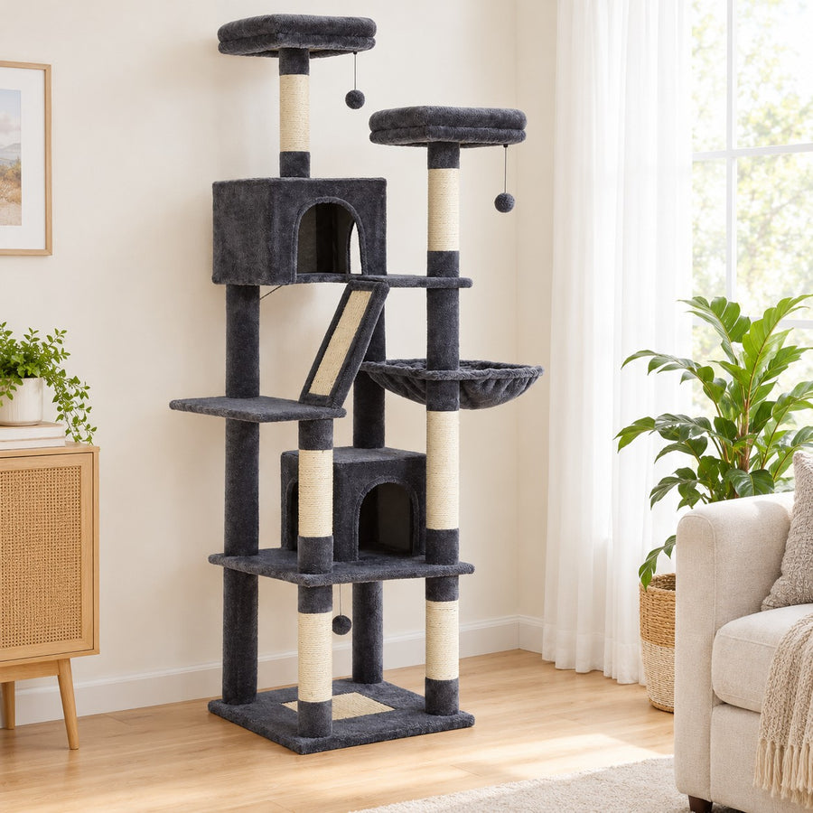 Dark Grey cat tree tower with two condos, hammock and sisal ramp in a living room