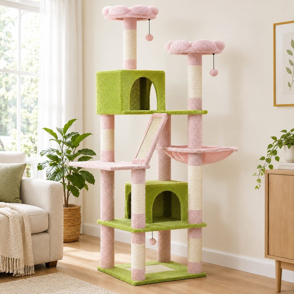 Pink and Green cat tree tower with flower-shaped perches, two condos and hammock