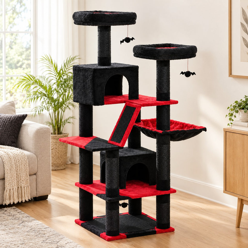 Black and Red cat tree tower with two condos, hammock and bat toys
