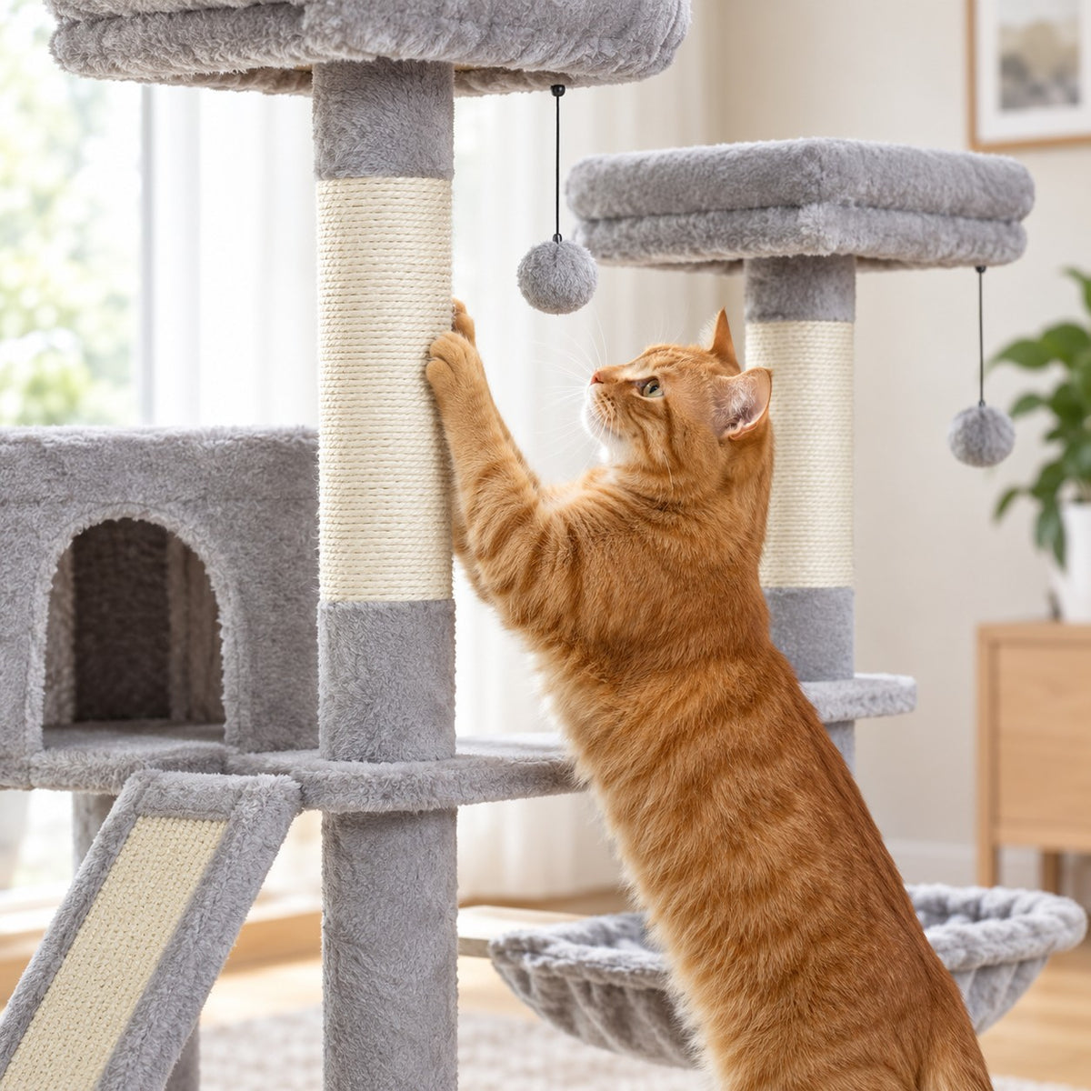 Cat scratching a natural sisal post of the cat tree