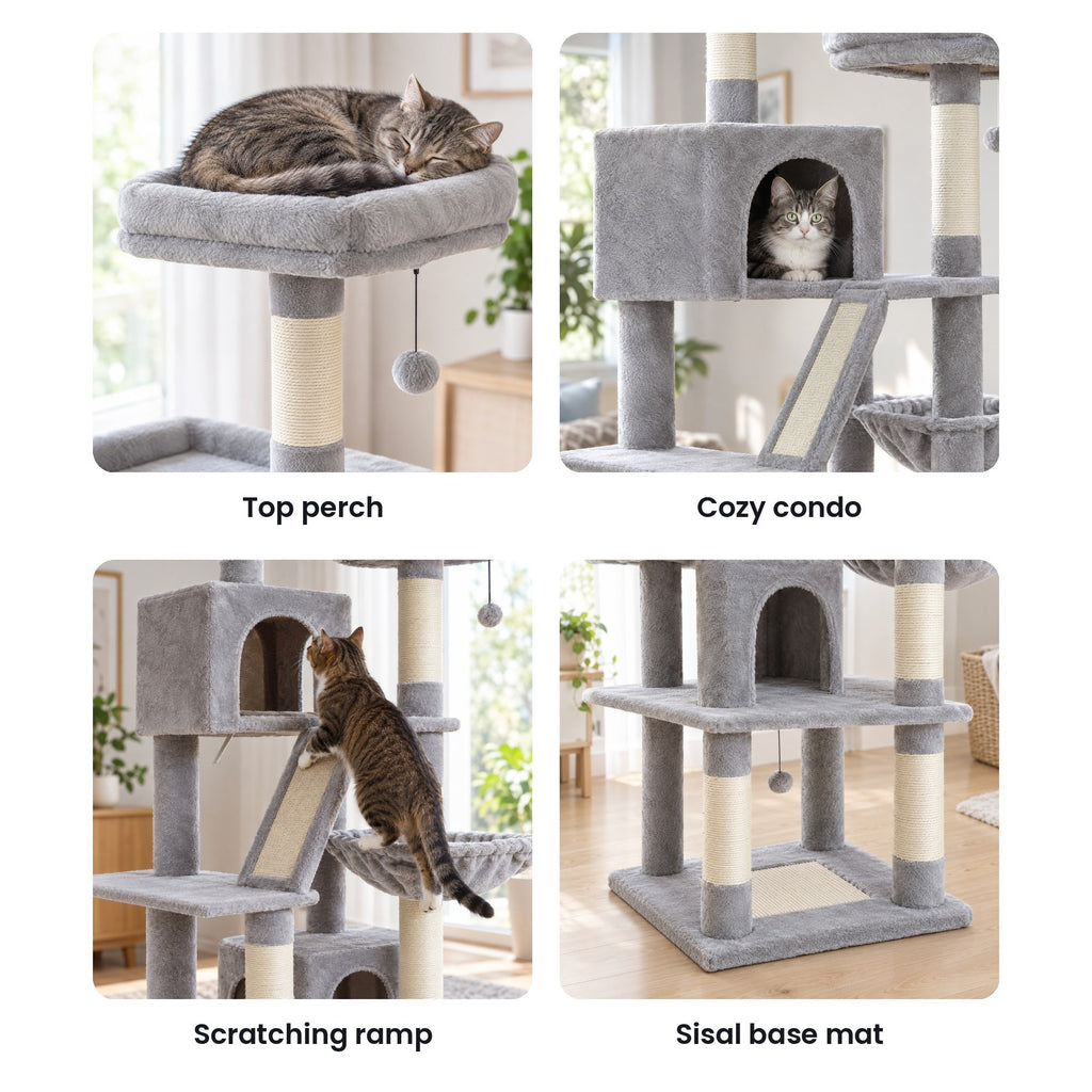Cat tree details: top perch, upper condo, sisal scratching ramp, sisal base mat