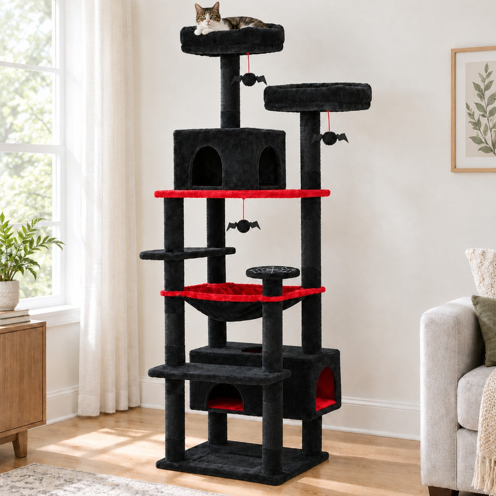 72 in cat tree tower in Black & Red with red trim, red hammock, bat toys and a spider-web step