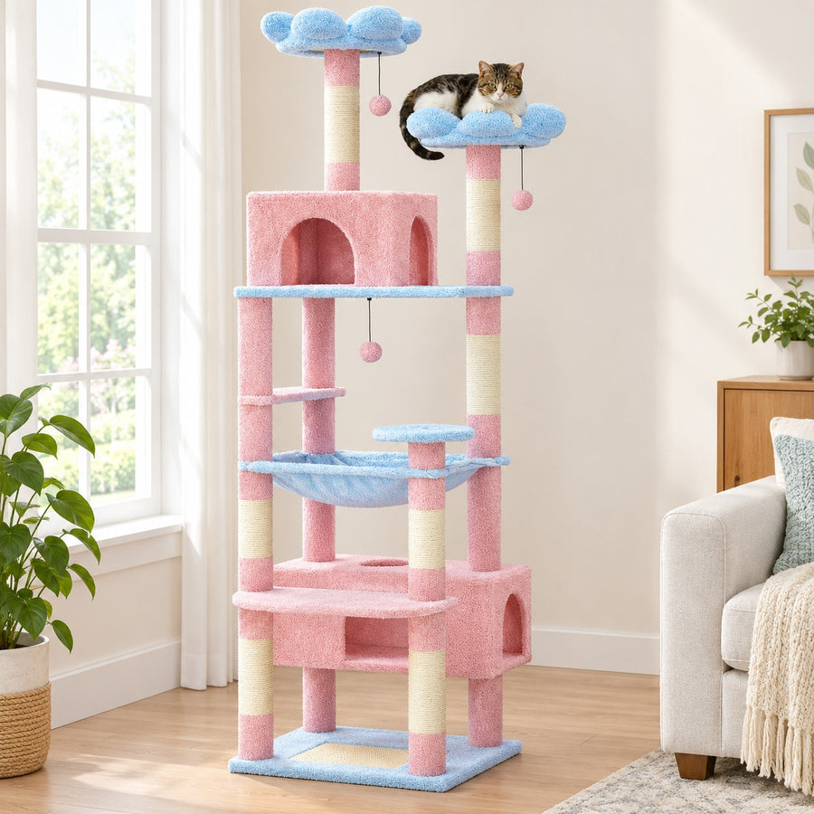 72 in cat tree tower in Pink & Blue with blue flower-shaped top perches