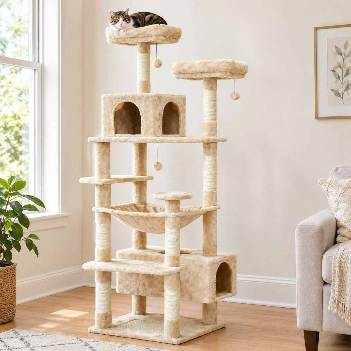 72 in cat tree tower with hammock and two condos in Beige
